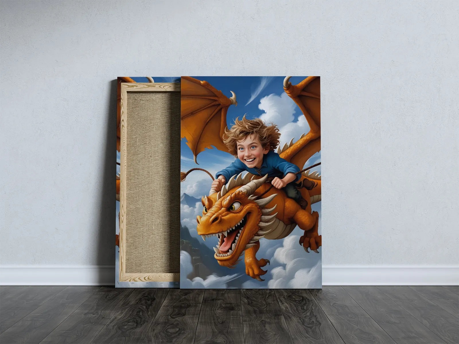 Canvas print of a boy riding a dragon in Portret dziecka jako obraz