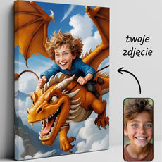 Personalizowany obraz przedstawiający chłopca na dinozaurze w akcji latania na smoku
