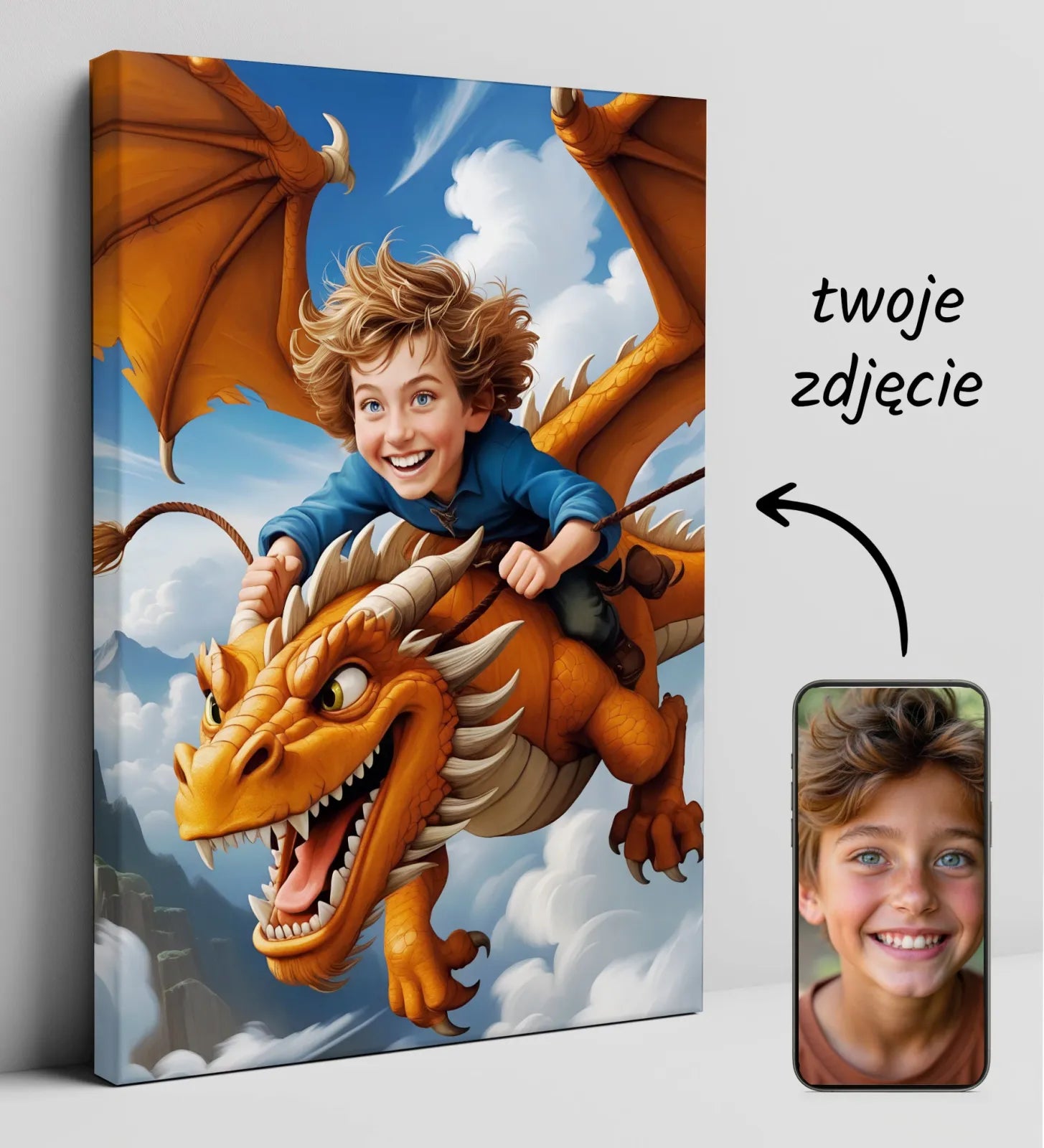 Personalizowany obraz przedstawiający chłopca na dinozaurze w akcji latania na smoku