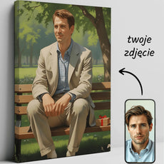 Canvas print of a man resembling Forrest Gump sitting on a park bench