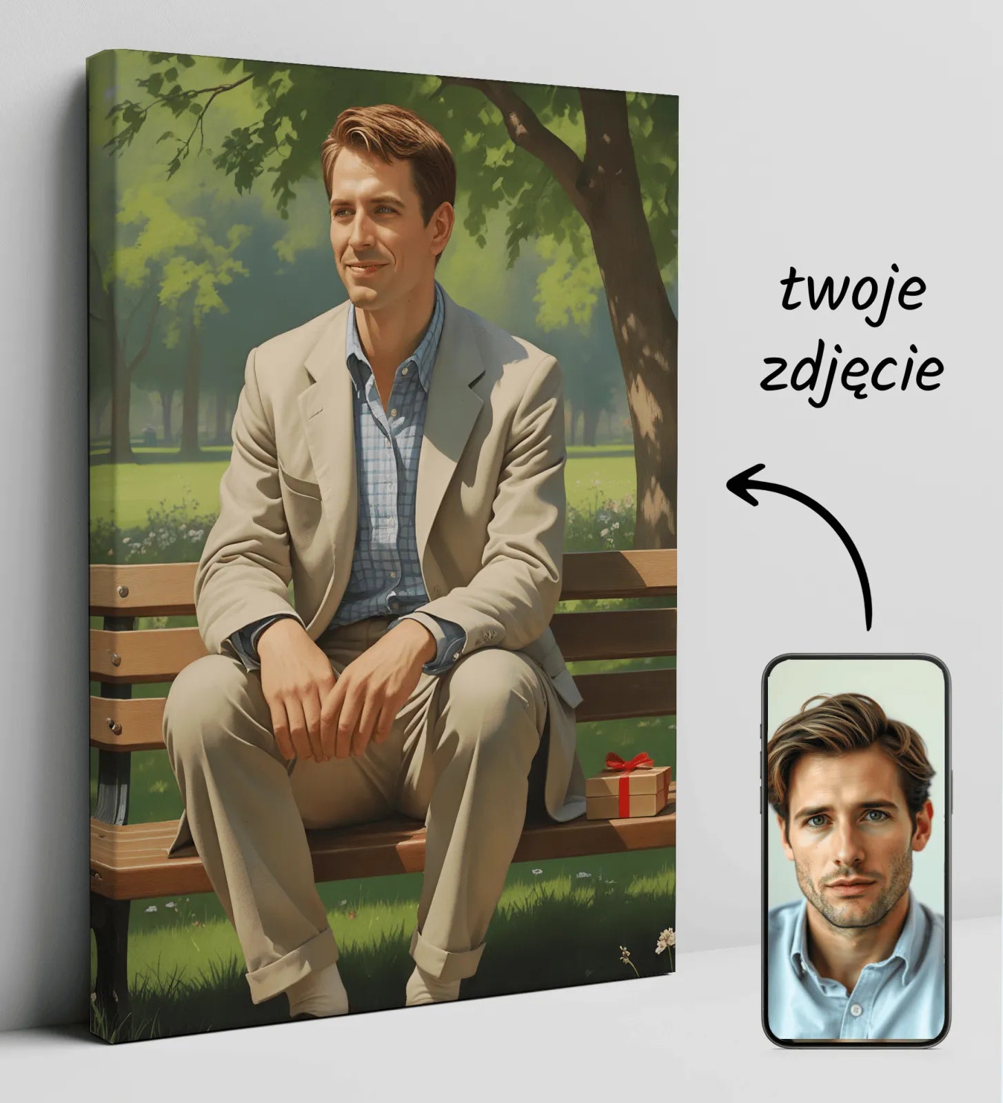 Canvas print of a man resembling Forrest Gump sitting on a park bench