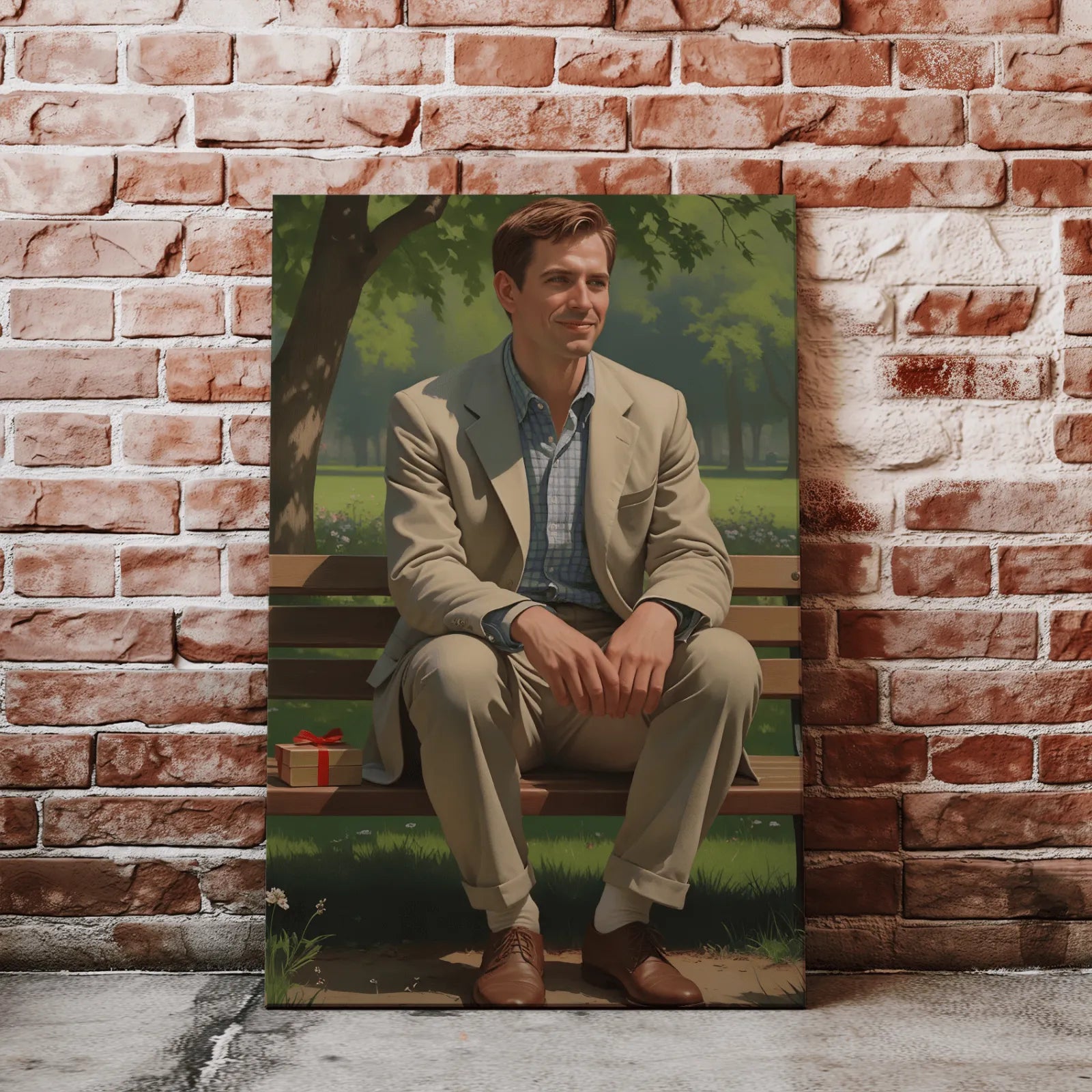 Forrest Gump-themed canvas print Portret Forrest Gump na ławce w stylu artystycznym