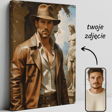 Portret Indiana Jones w stylu przygód archeologa na płótnie