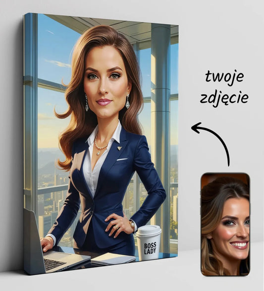 Emanująca elegancją karykatura kobiety jako CEO w stylu portretowym