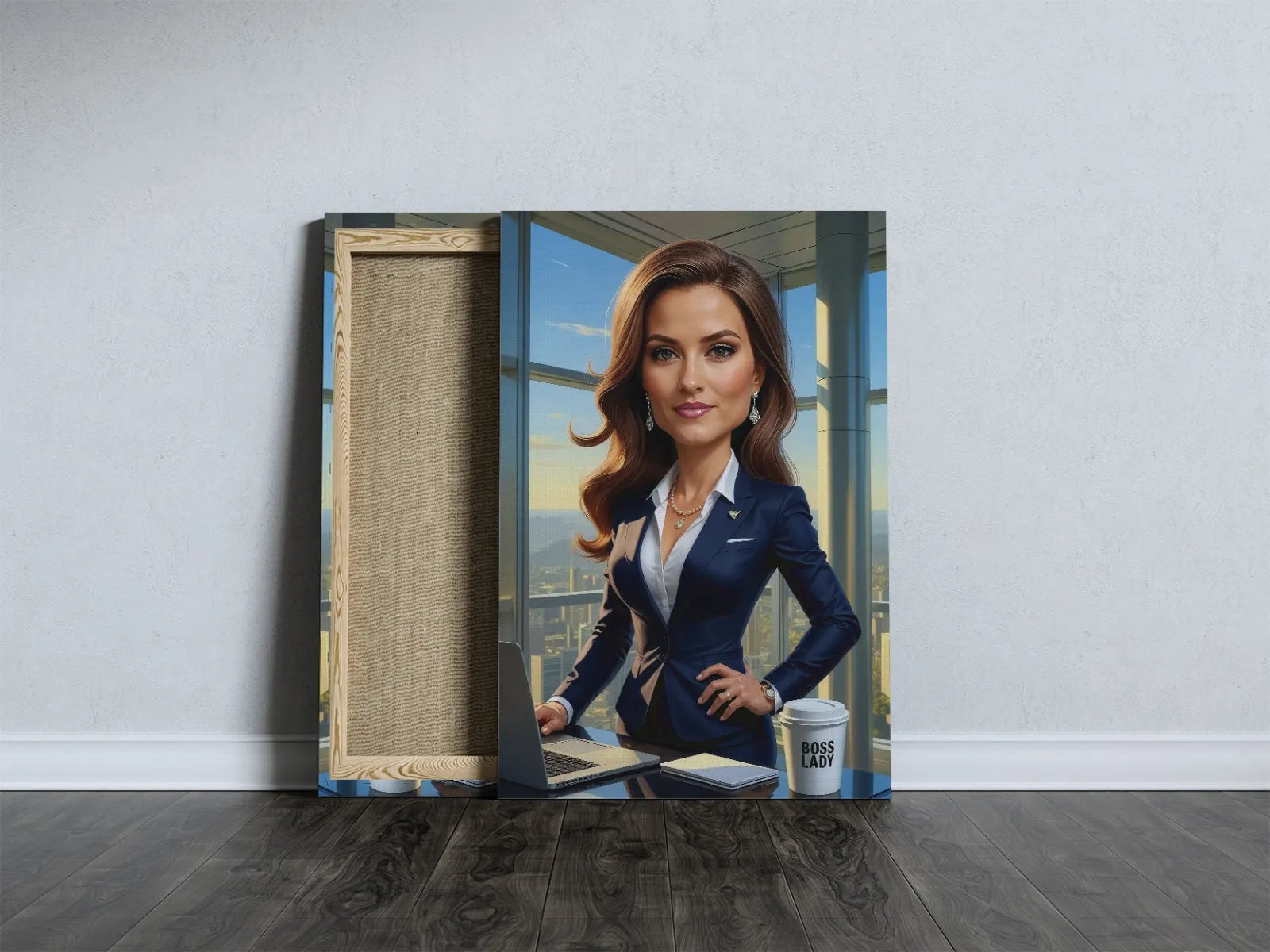 Kanwa z karykaturą eleganckiej bizneswoman jako CEO na ścianę