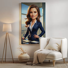 Oprawiona karykatura kobiety jako CEO, elegancki portret szefowej