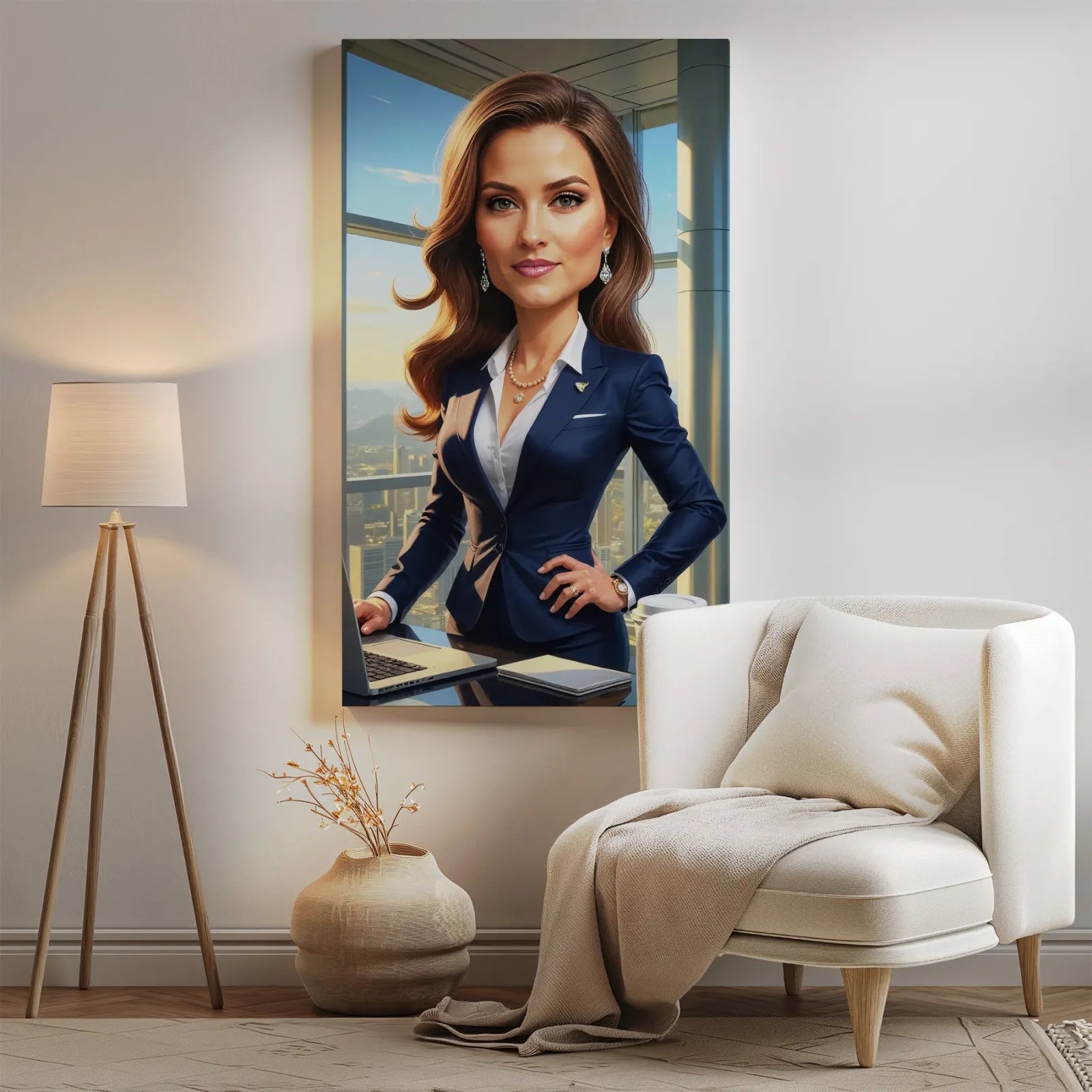 Oprawiona karykatura kobiety jako CEO, elegancki portret szefowej