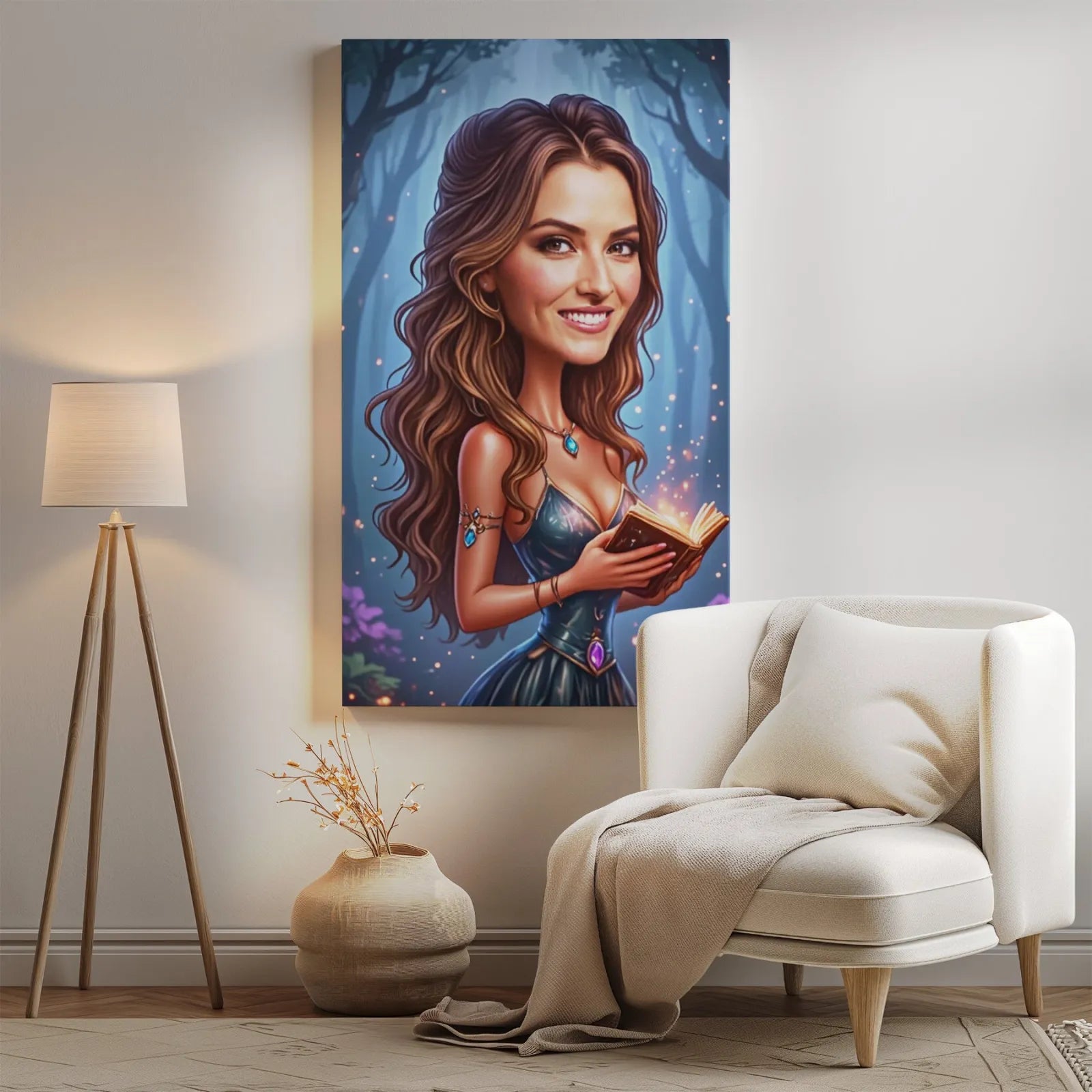 Wyjątkowy portret kobiety jako czarodziejki trzymającej świecącą książkę