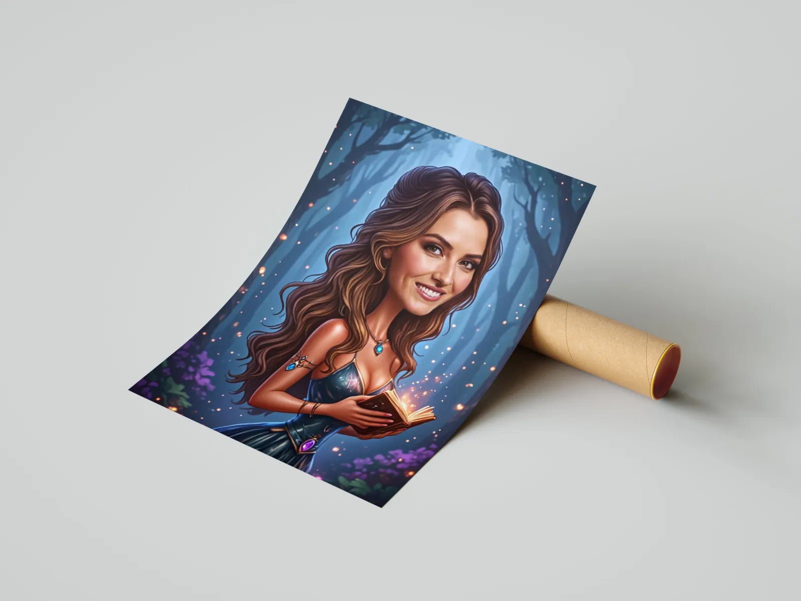 Fantasykobieta czytająca świecącą książkę na obrazku w produkcie Portret kobiety jako czarodziejka