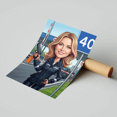 Karykatura celniczki z pistoletem przy punkcie kontrolnym