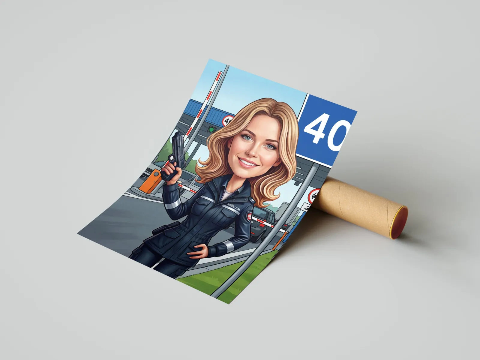 Karykatura celniczki z pistoletem przy punkcie kontrolnym