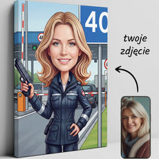 Karykatura celniczka z pistoletem na płótnie, personalizowana
