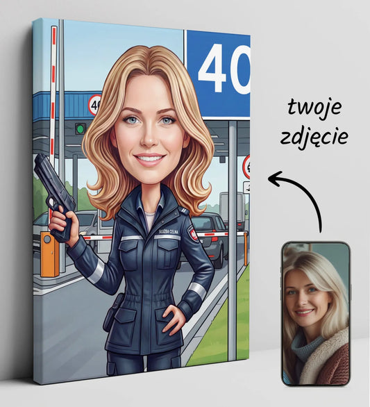 Karykatura celniczka z pistoletem na płótnie, personalizowana