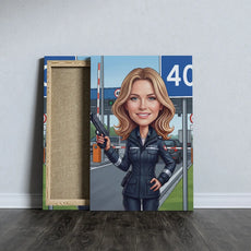 Karykatura celniczka z pistoletem przy bramce opłatowej