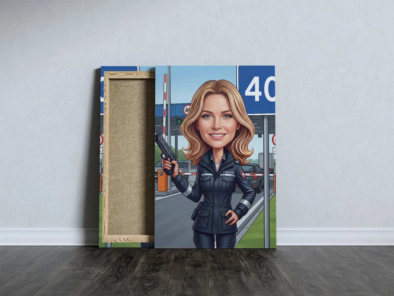 Karykatura celniczka z pistoletem przy bramce opłatowej