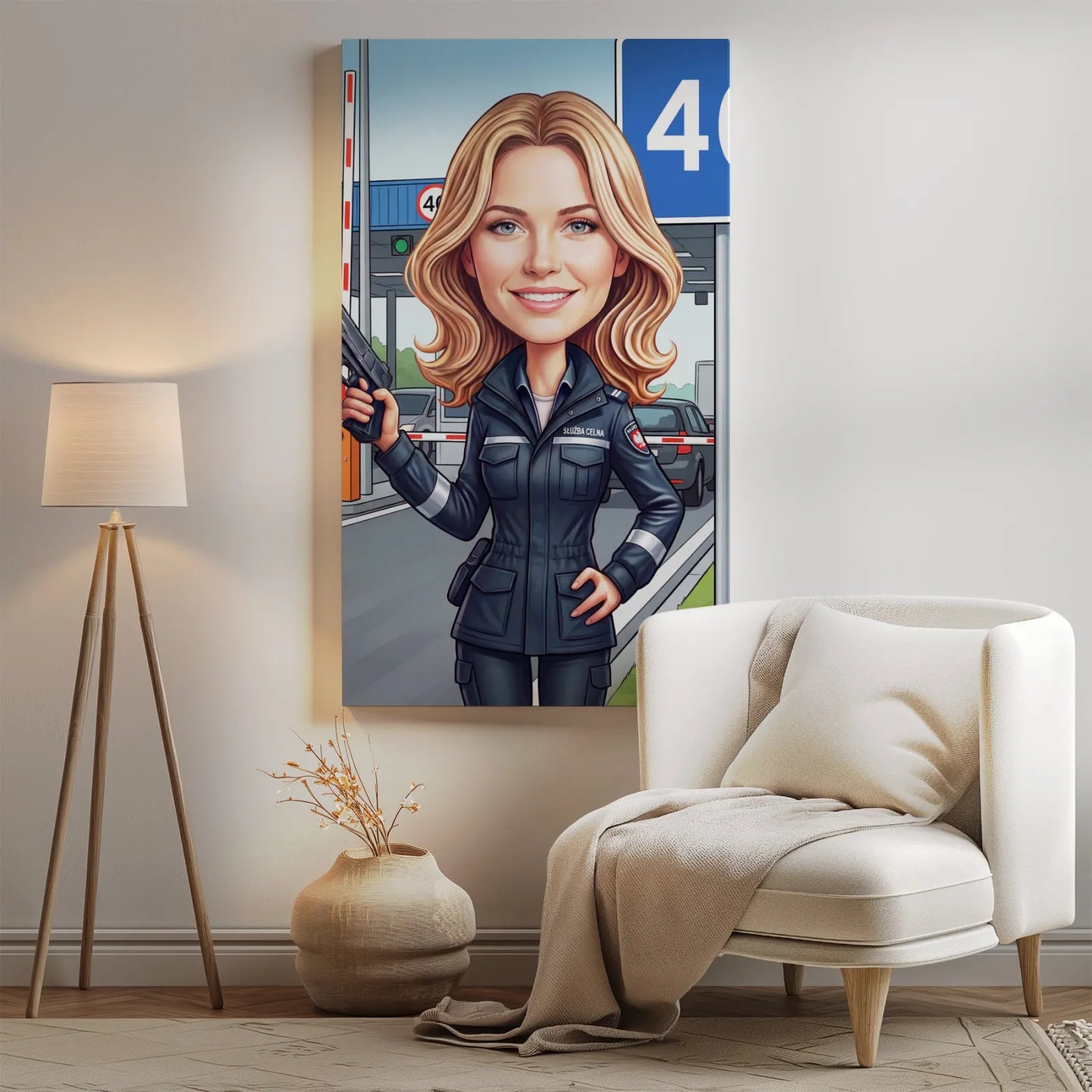 Karykatura kobiety w służbie celnej z pistoletem przy bramce celnej