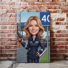 Karykatura portretu kobiety w służbie celnej z pistoletem na płótnie