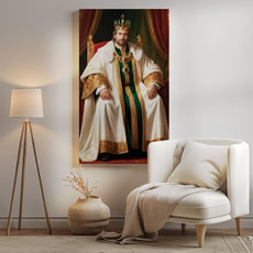 Royalny portret mężczyzny w koronie, idealny do dekoracji wnętrz