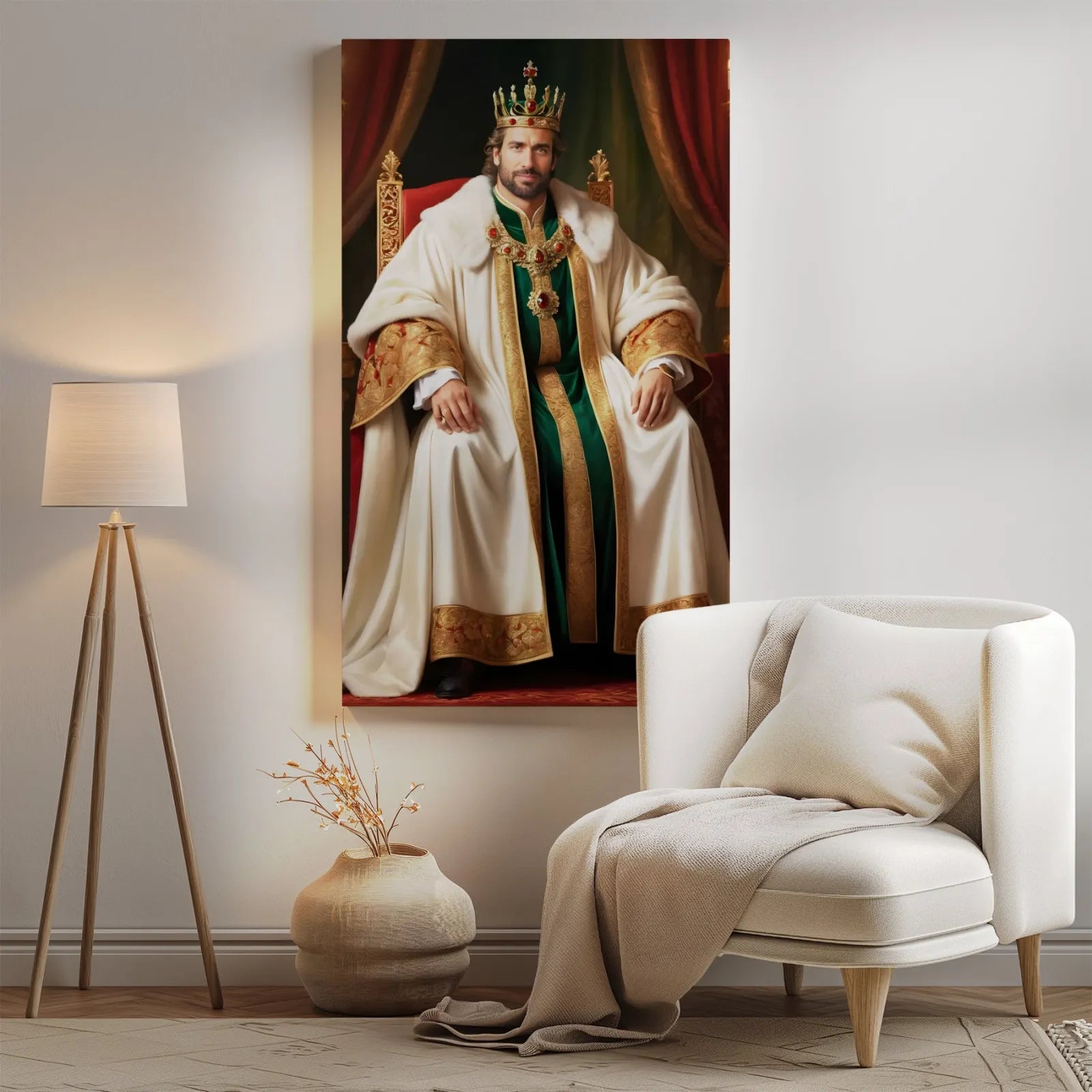 Royalny portret mężczyzny w koronie, idealny do dekoracji wnętrz