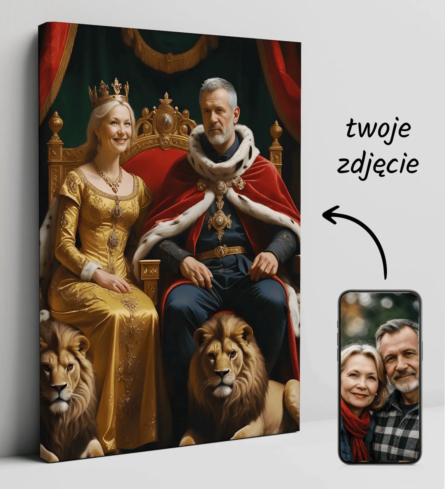 Personalizowany portret królewski na płótnie z lwami w ofercie Portret Królewski