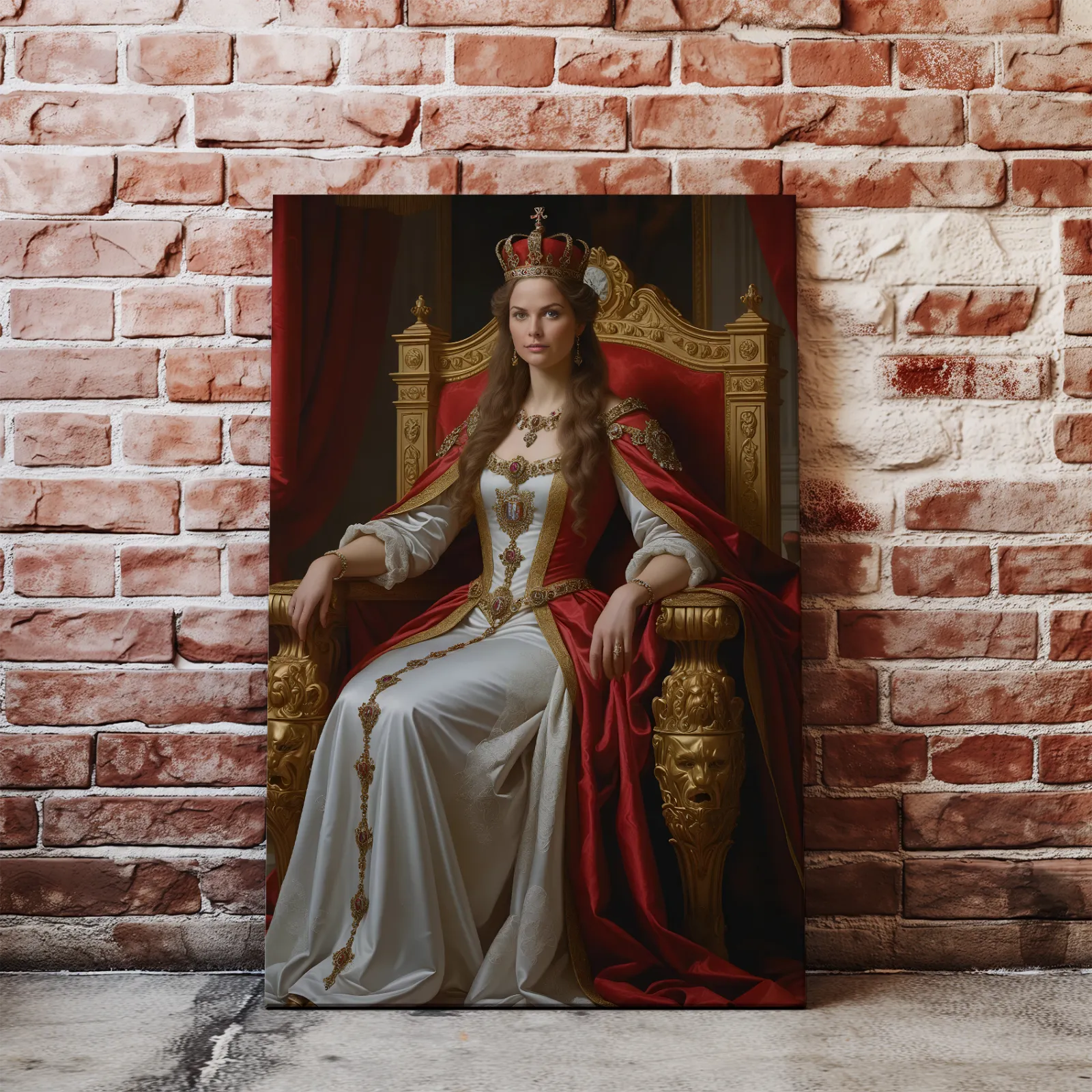 Portret Królowej na Tronie malowany na canvas z eleganckimi detalami