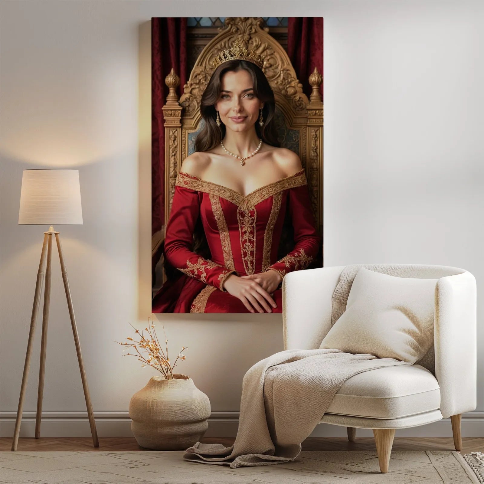 Portret kobiety w czerwonej sukni w stylu renesansowym na portrecie Królowej na Tronie