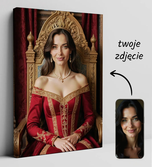 Personalizowany portret królowej na tronie w stylu renesansowym na płótnie