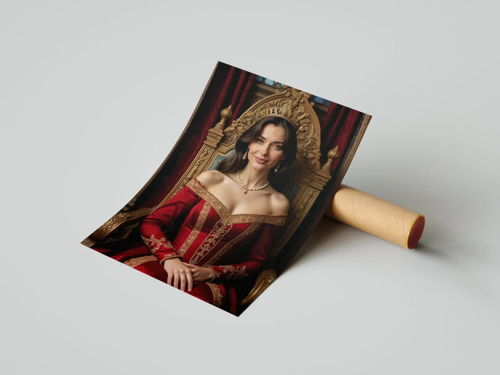 Rolowane portret królowej na tronie w stylu renesansowym, elegancki i historyczny
