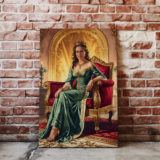 Portret Królowej na Urodziny w Stylu Królewskim, kobieta w zielonej sukni na czerwonym tronie