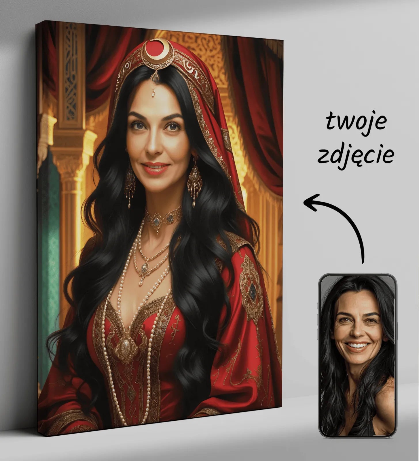Portret królowej w osmańskim stylu przedstawiający kobietę w tradycyjnym stroju