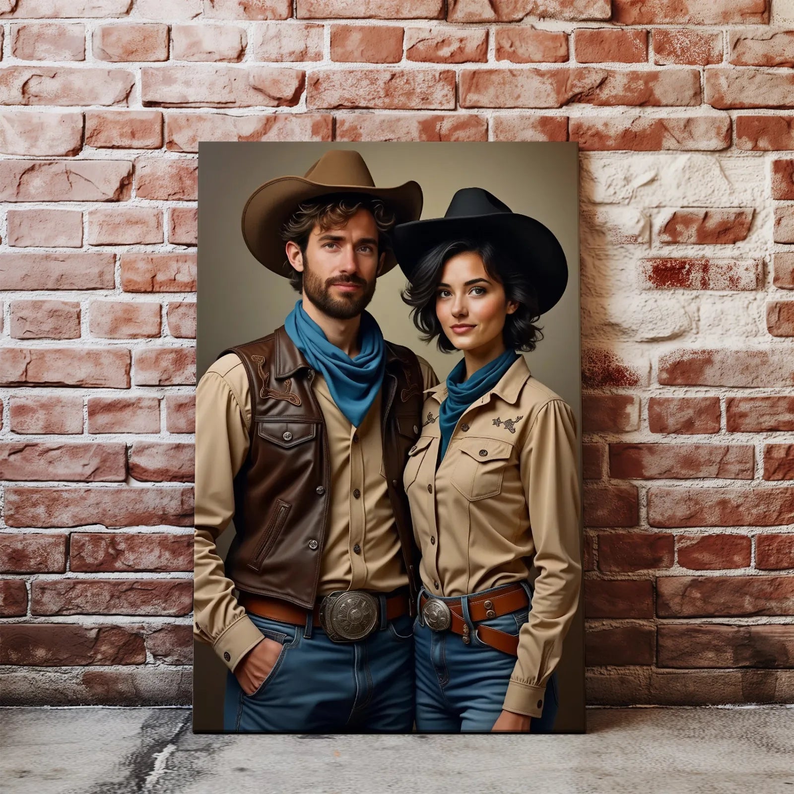 Western-themed portrait of a couple as cowboys in a scenic Wild West setting