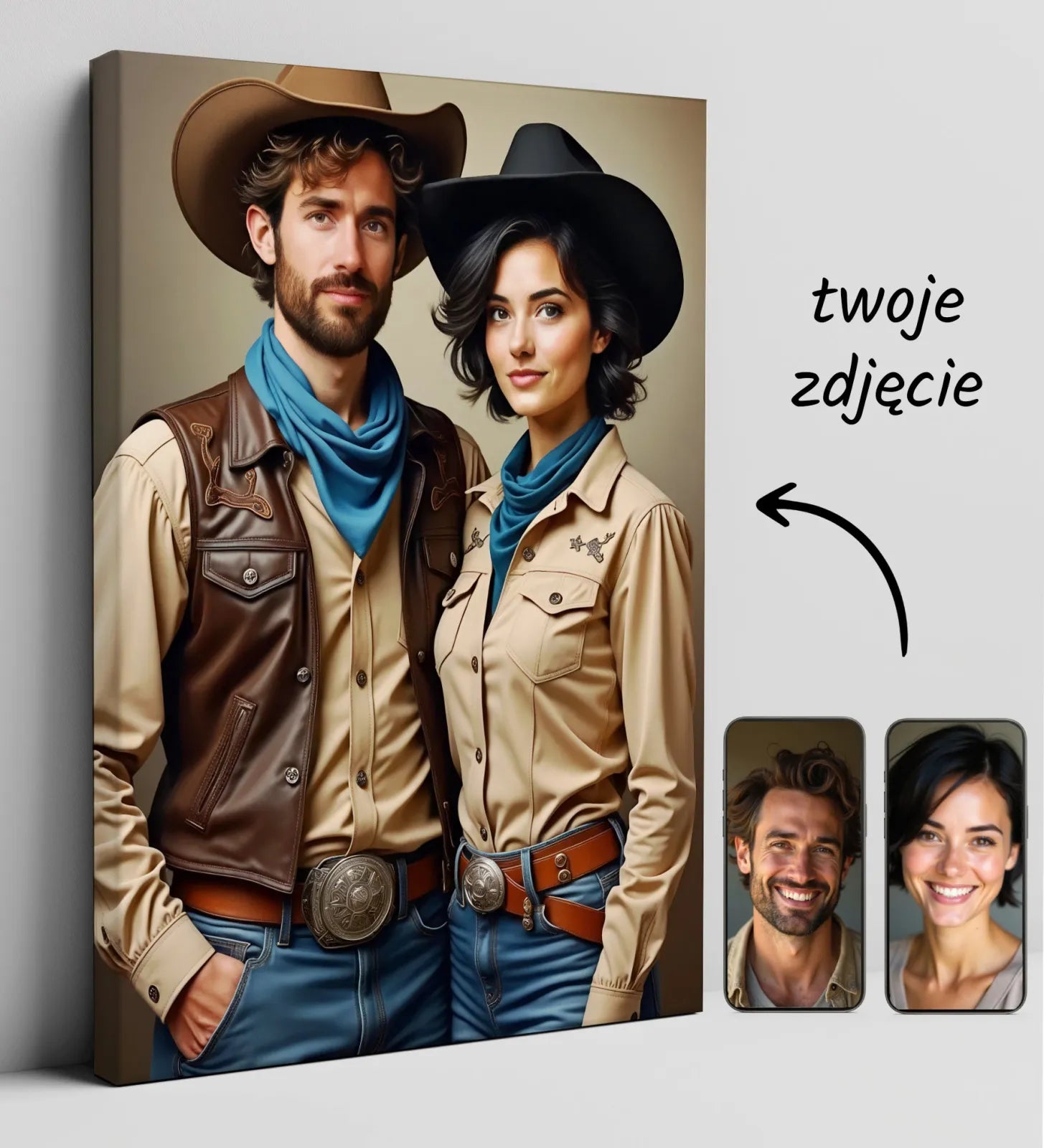 Personalizowany portret kowbojów na płótnie w stylu Dzikiego Zachodu