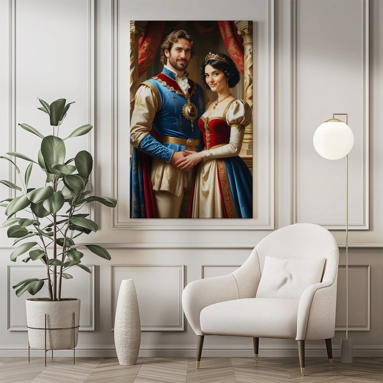 Portret pary królewskiej w eleganckiej ramie, idealny do dekoracji wnętrz