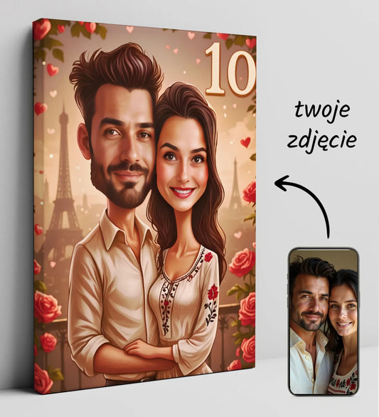 Customizable couple caricature canvas for wedding anniversary in romantic style