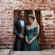 Portret pary w stylu renesansowym z epoki wiktoriańskiej na tle eleganckiego wystroju