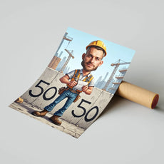 Cartoon construction worker poster na prezent dla budowlańca na urodziny