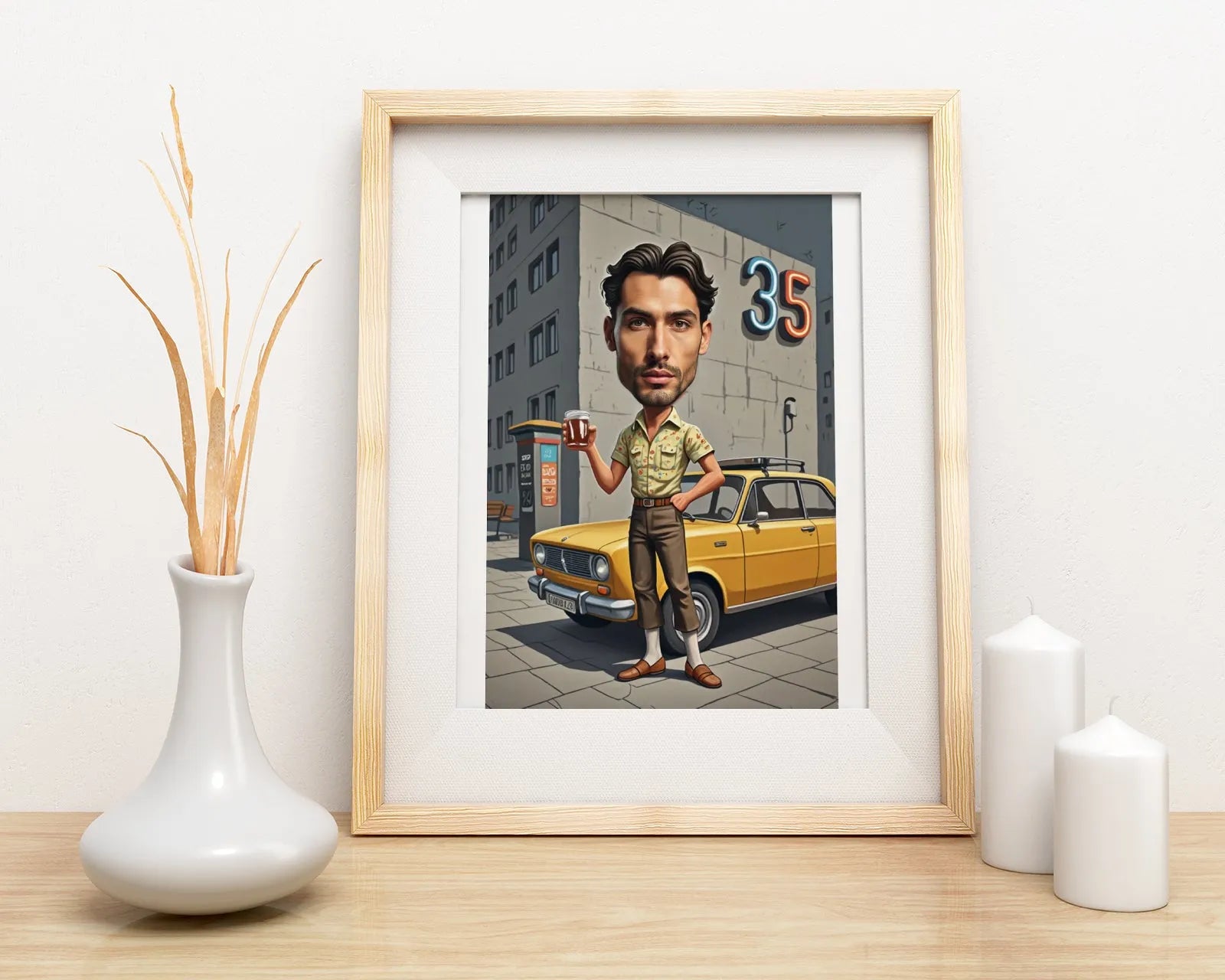 Framed caricature print from Prezent z humorem for husband’s birthday celebration