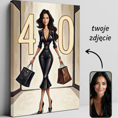 Personalizowana 40-tka na płótnie urodzinowym z cyfrą na tle butików