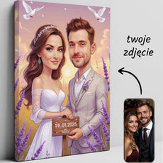 Koszmarny portret ślubny na płótnie w stylu kreskówkowym w lawendowym polu