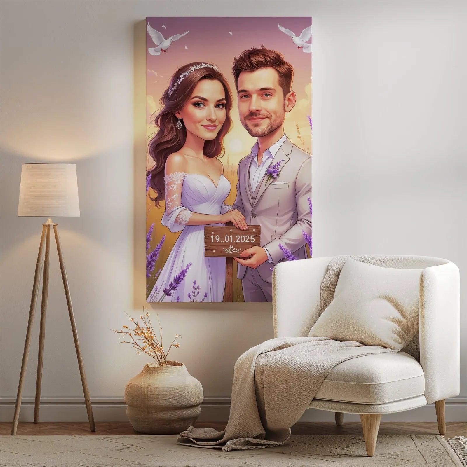 Wedding caricature canvas in lavender field with wedding date, romantic gift idea