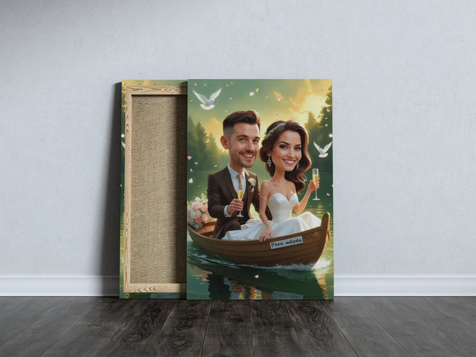 Wedding caricature canvas print in Łódka for romantic wedding memories