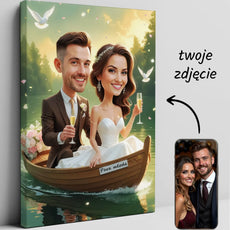 Karykatura ślubna na płótnie przedstawiająca parę w łódce w romantycznym stylu