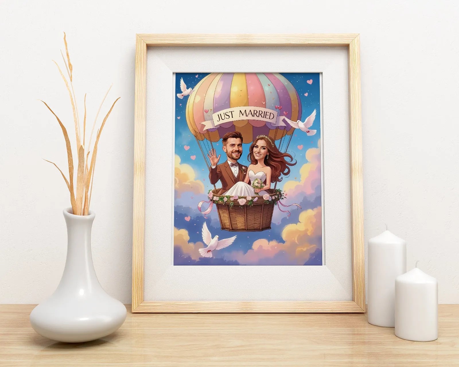 Framed wedding caricature obraz w ramie z balonem dla pary młodej