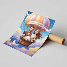 Ilustracja z hot air balloon z napisem Just Married dla produktu Ślubna karykatura pary młodej w balonie