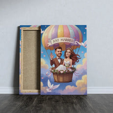 Wedding-themed canvas print featuring a caricature of the bride and groom in a hot air balloon
