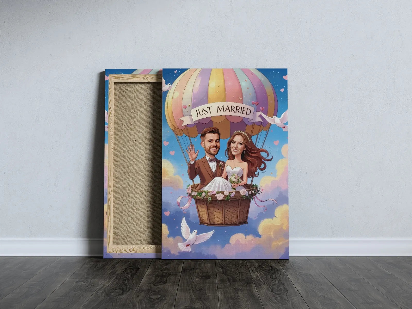 Wedding-themed canvas print featuring a caricature of the bride and groom in a hot air balloon