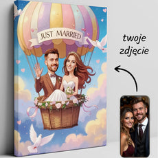 Personalizowany obraz na płótnie z bajkową parą młodą w balonie ślubny prezent