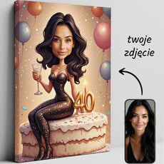 Personalizowany portret z okazji 40 urodzin na płótnie w produkcie Śmieszna karykatura kobiety na z tortem