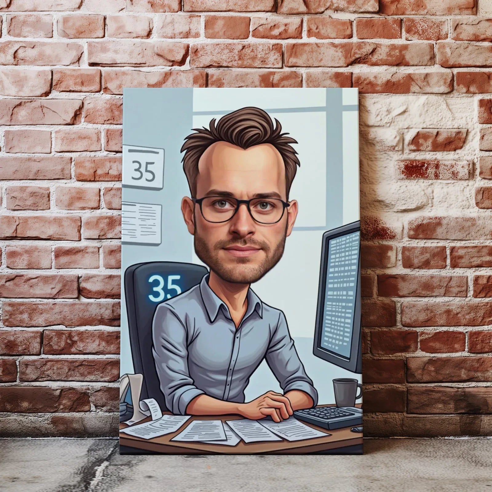 Kreskówkowa portret pracownika biurowego na prezent urodzinowy dla księgowego