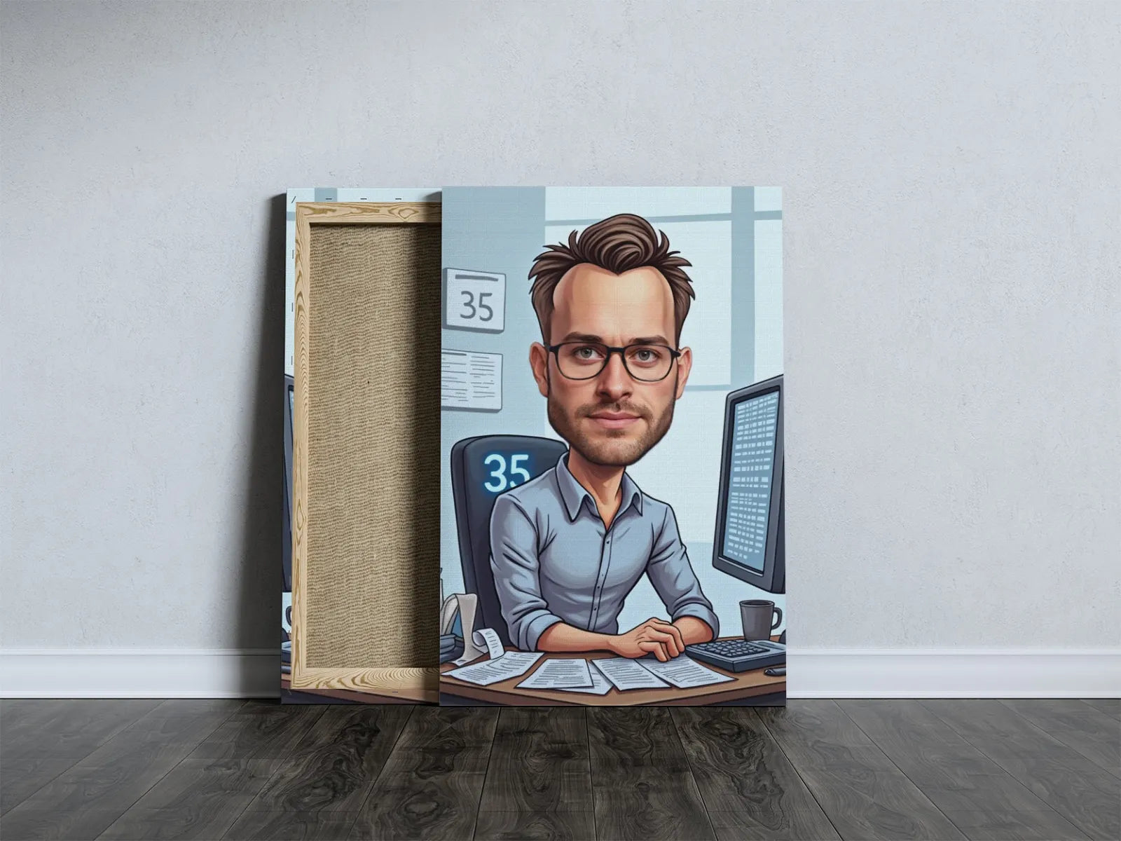 Canvas print przedstawiający kreskówkowego mężczyznę przy biurku na prezent dla księgowego